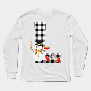 BW Buffalo Checks Pattern Monogram L | Snowman Long Sleeve T-Shirt